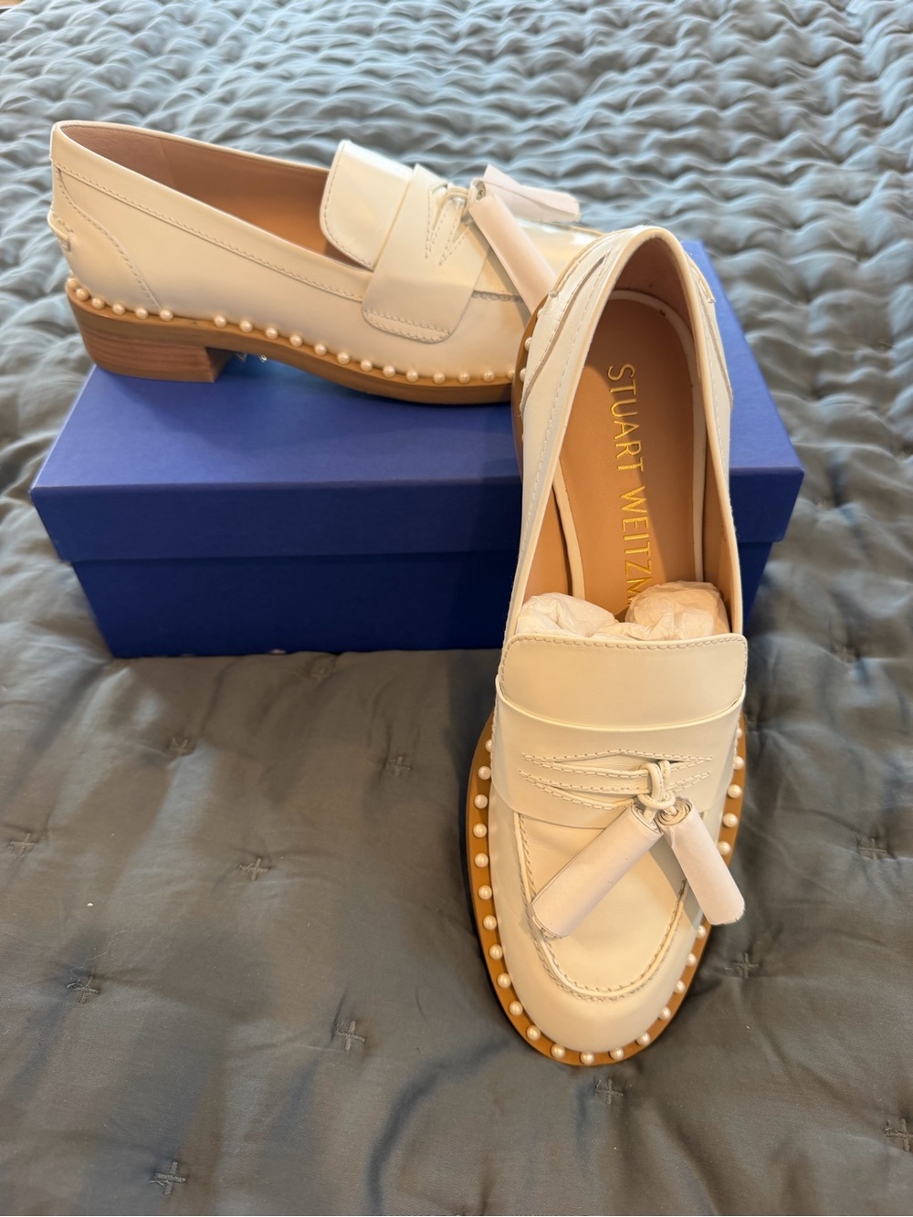 Stuart Weitzman Cream Tassel Pearl-Trim Loafer